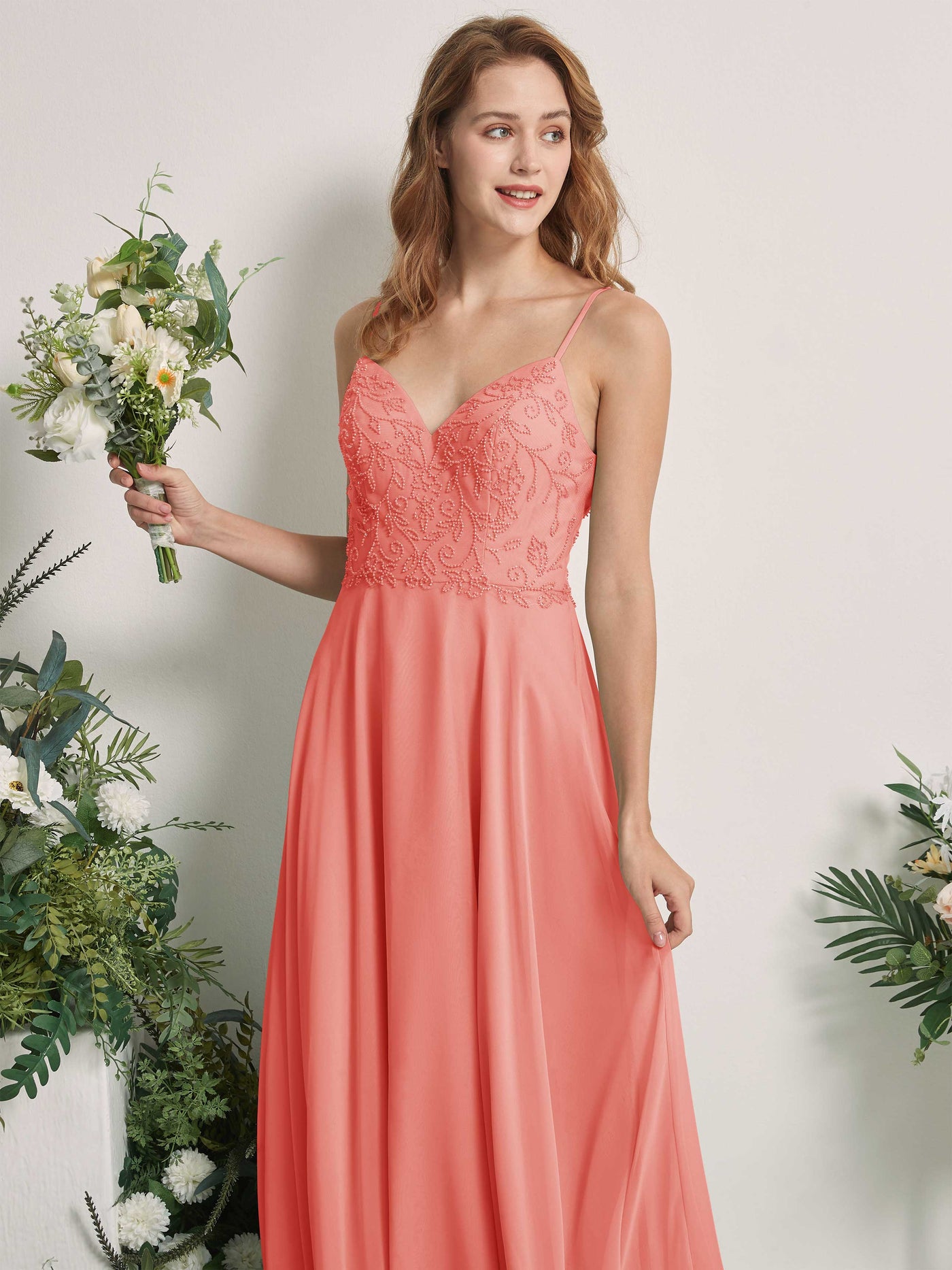 Carlyna A-Linien-Kleid V-Ausschnitt Spaghettiträger Bodenlang Brautjungfernkleider Pfirsichrosa #farbe_pfirsichrosa