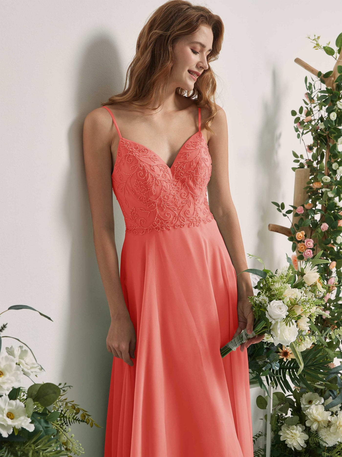Carlyna A-Linien-Kleid V-Ausschnitt Spaghettiträger Bodenlang Brautjungfernkleider Pfirsichrosa #farbe_pfirsichrosa