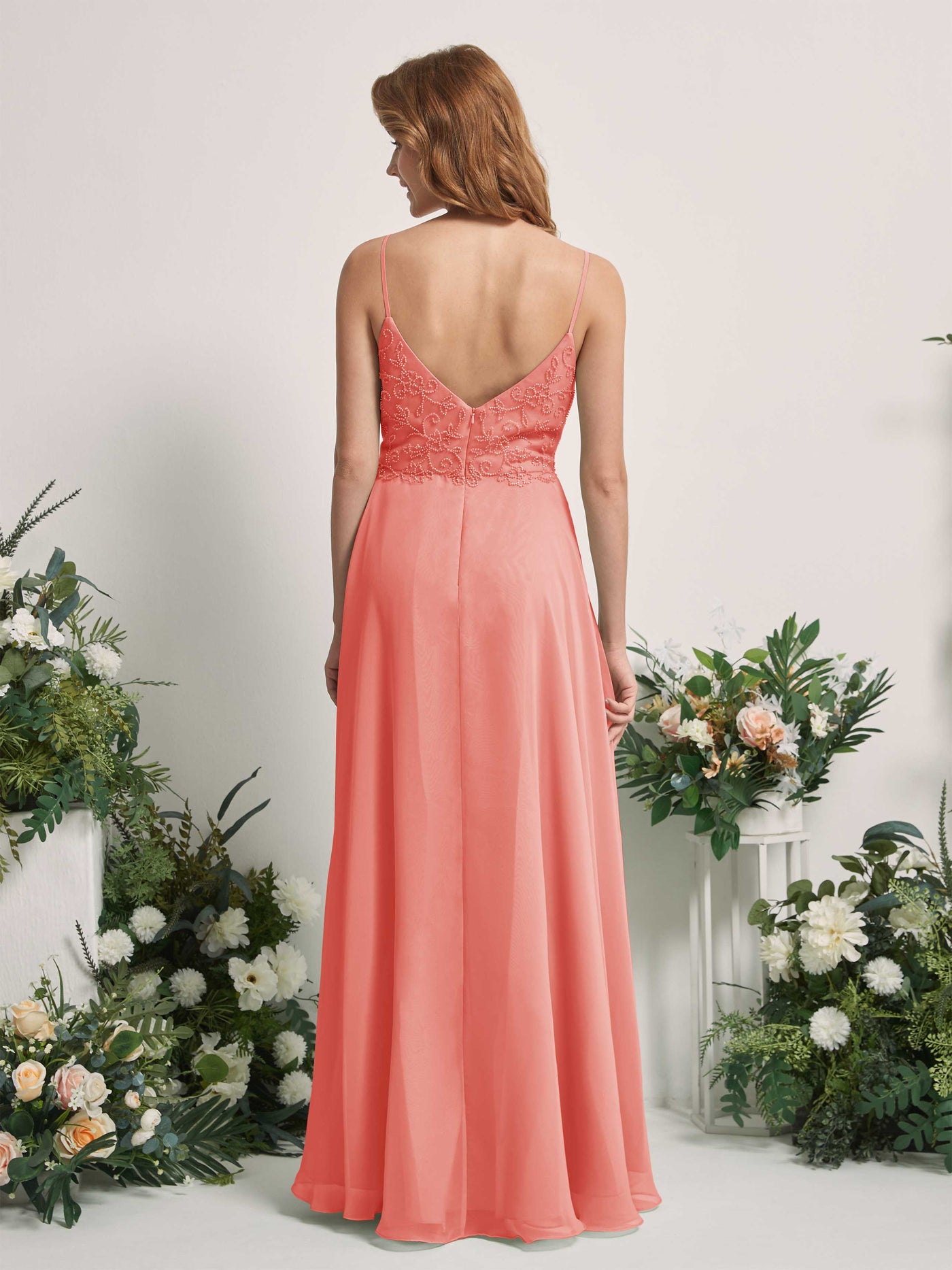 Carlyna A-Linien-Kleid V-Ausschnitt Spaghettiträger Bodenlang Brautjungfernkleider Pfirsichrosa #farbe_pfirsichrosa
