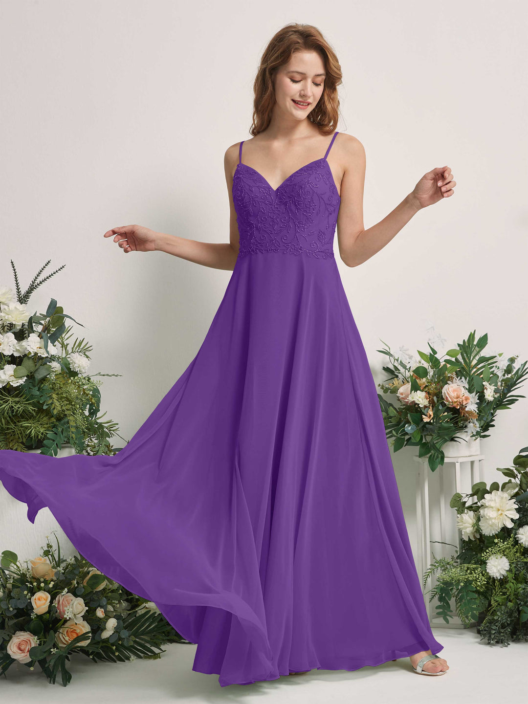 Carlyna A-Linien-Kleid V-Ausschnitt Spaghettiträger Bodenlang Brautjungfernkleider Regency 