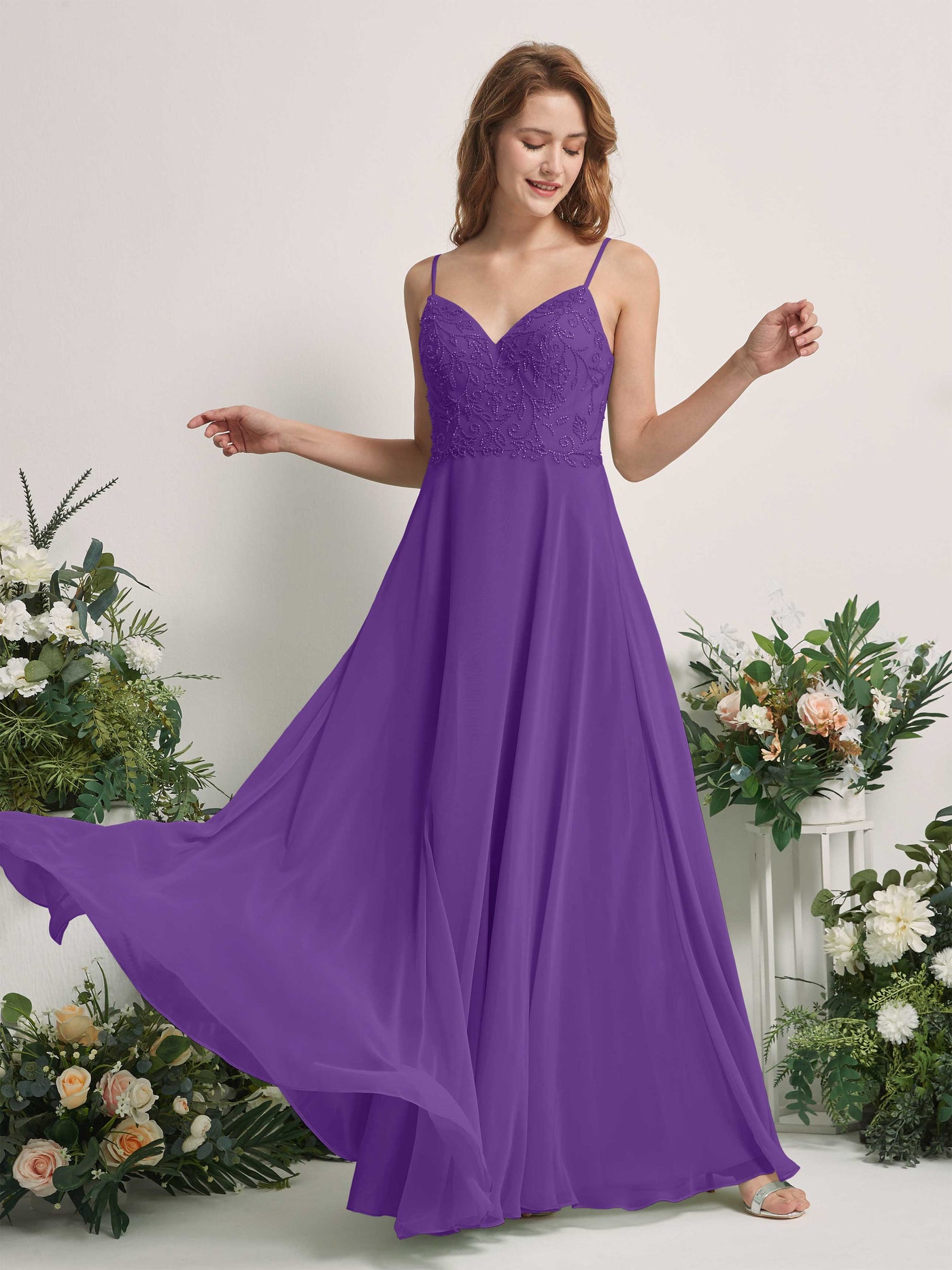 Carlyna A-Linien-Kleid V-Ausschnitt Spaghettiträger Bodenlang Brautjungfernkleider Regency #farbe_regency