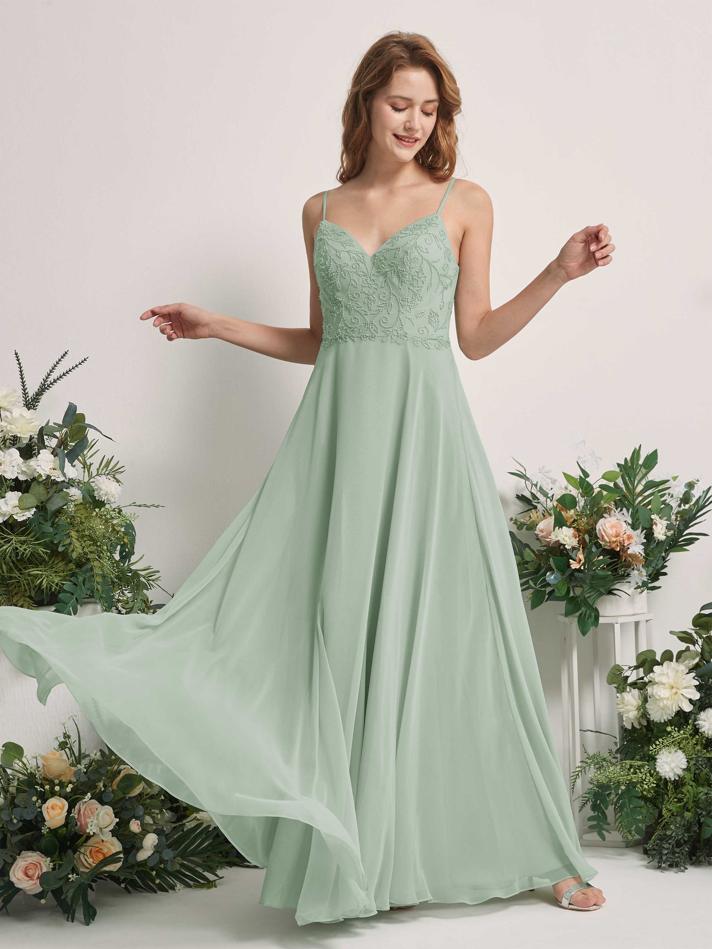 Carlyna A-Linien-Kleid V-Ausschnitt Spaghettiträger Bodenlang Brautjungfernkleider Salbeigrün #farbe_salbeigr-n