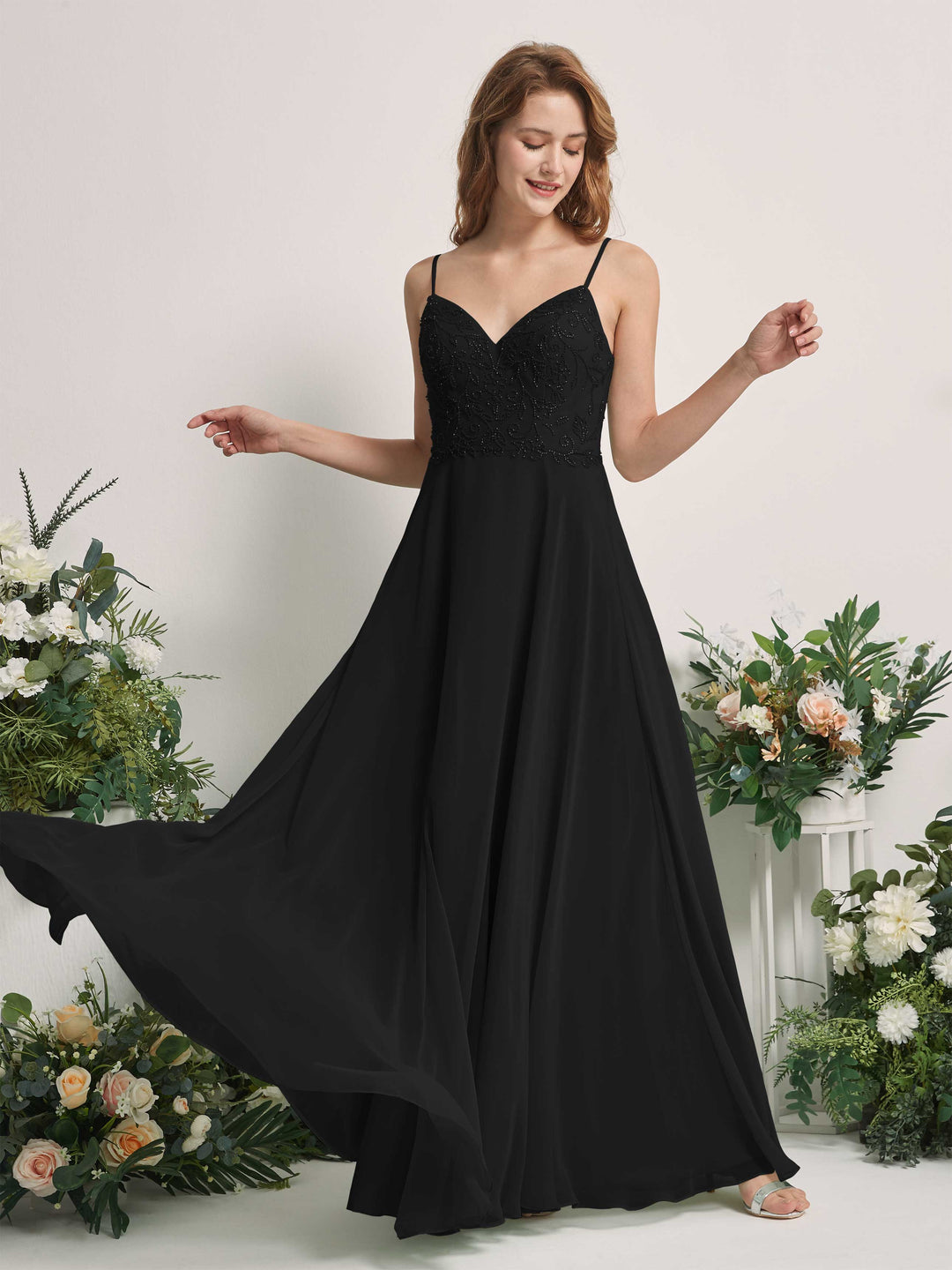 Carlyna A-Linien-Kleid V-Ausschnitt Spaghettiträger Bodenlang Brautjungfernkleider Schwarz 