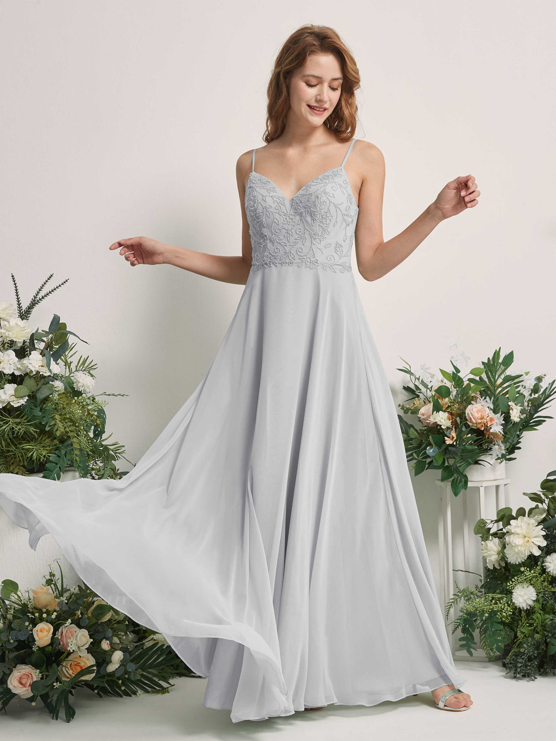 Carlyna A-Linien-Kleid V-Ausschnitt Spaghettiträger Bodenlang Brautjungfernkleider Silber 