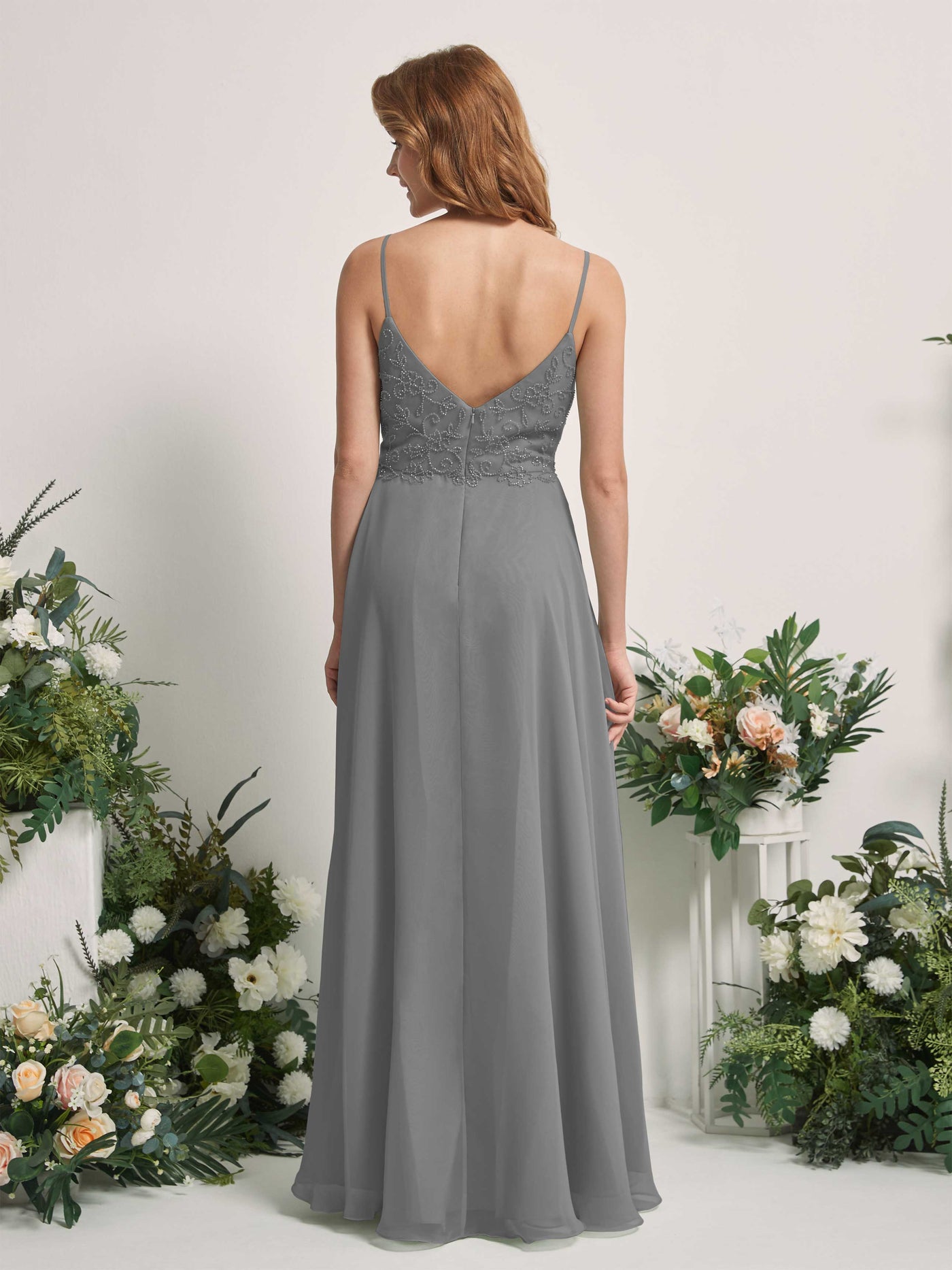 Carlyna A-Linien-Kleid V-Ausschnitt Spaghettiträger Bodenlang Brautjungfernkleider Stahlgrau #farbe_stahlgrau