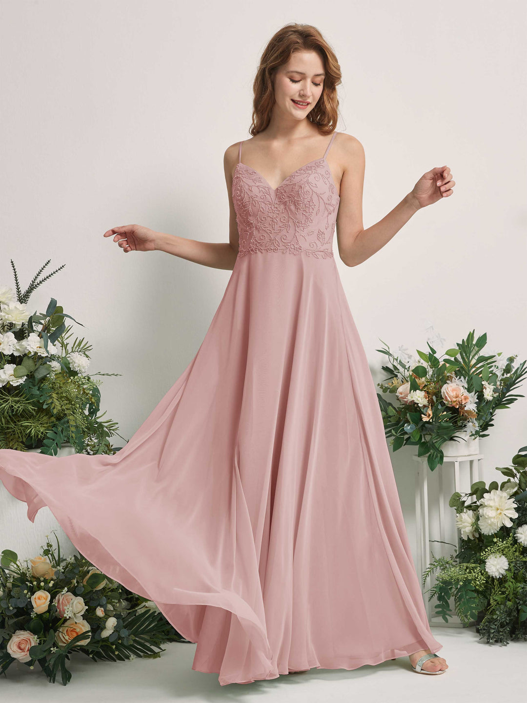 Carlyna A-Linien-Kleid V-Ausschnitt Spaghettiträger Bodenlang Brautjungfernkleider Staubige Rose 