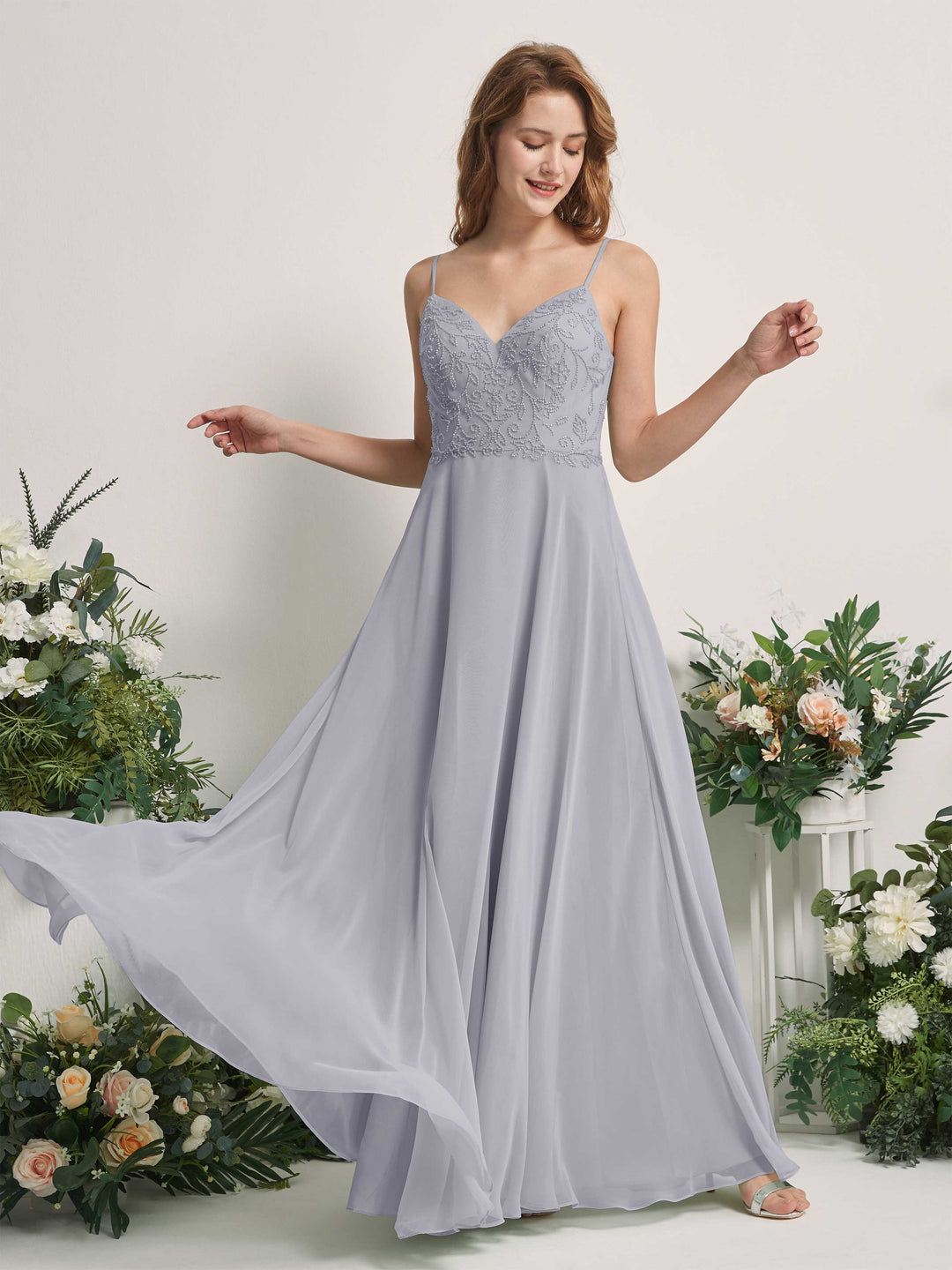 Carlyna A-Linien-Kleid V-Ausschnitt Spaghettiträger Bodenlang Brautjungfernkleider Staubiger Lavendel 