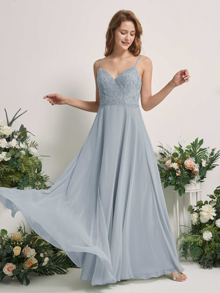 Carlyna A-Linien-Kleid V-Ausschnitt Spaghettiträger Bodenlang Brautjungfernkleider Staubiges Blau-Upgrade 