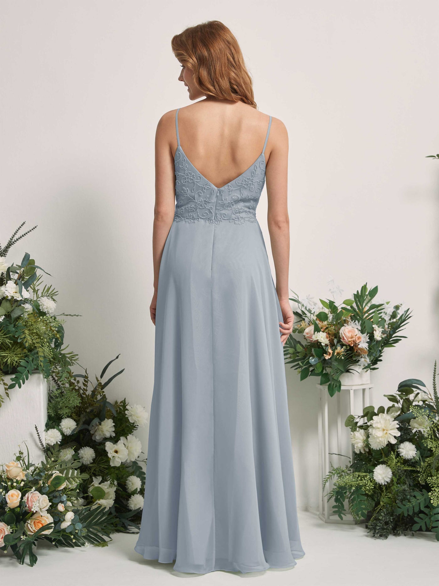 Carlyna A-Linien-Kleid V-Ausschnitt Spaghettiträger Bodenlang Brautjungfernkleider Staubiges Blau-Upgrade #farbe_staubiges-blau-upgrade