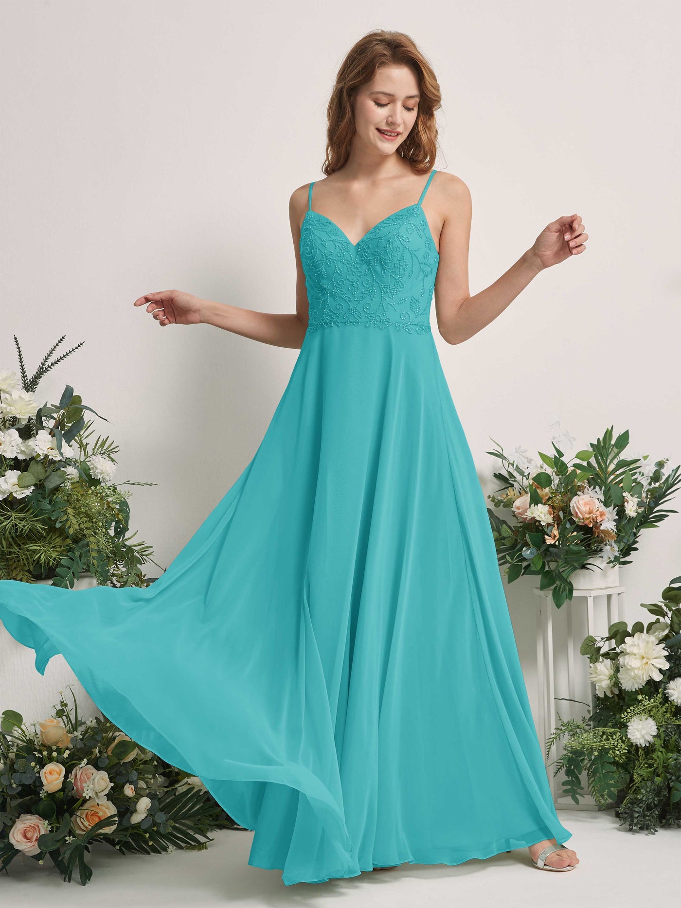 Carlyna A-Linien-Kleid V-Ausschnitt Spaghettiträger Bodenlang Brautjungfernkleider Türkis #farbe_t-rkis