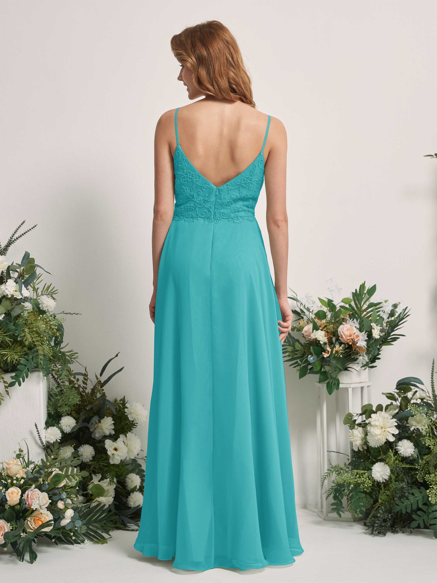 Carlyna A-Linien-Kleid V-Ausschnitt Spaghettiträger Bodenlang Brautjungfernkleider Türkis #farbe_t-rkis