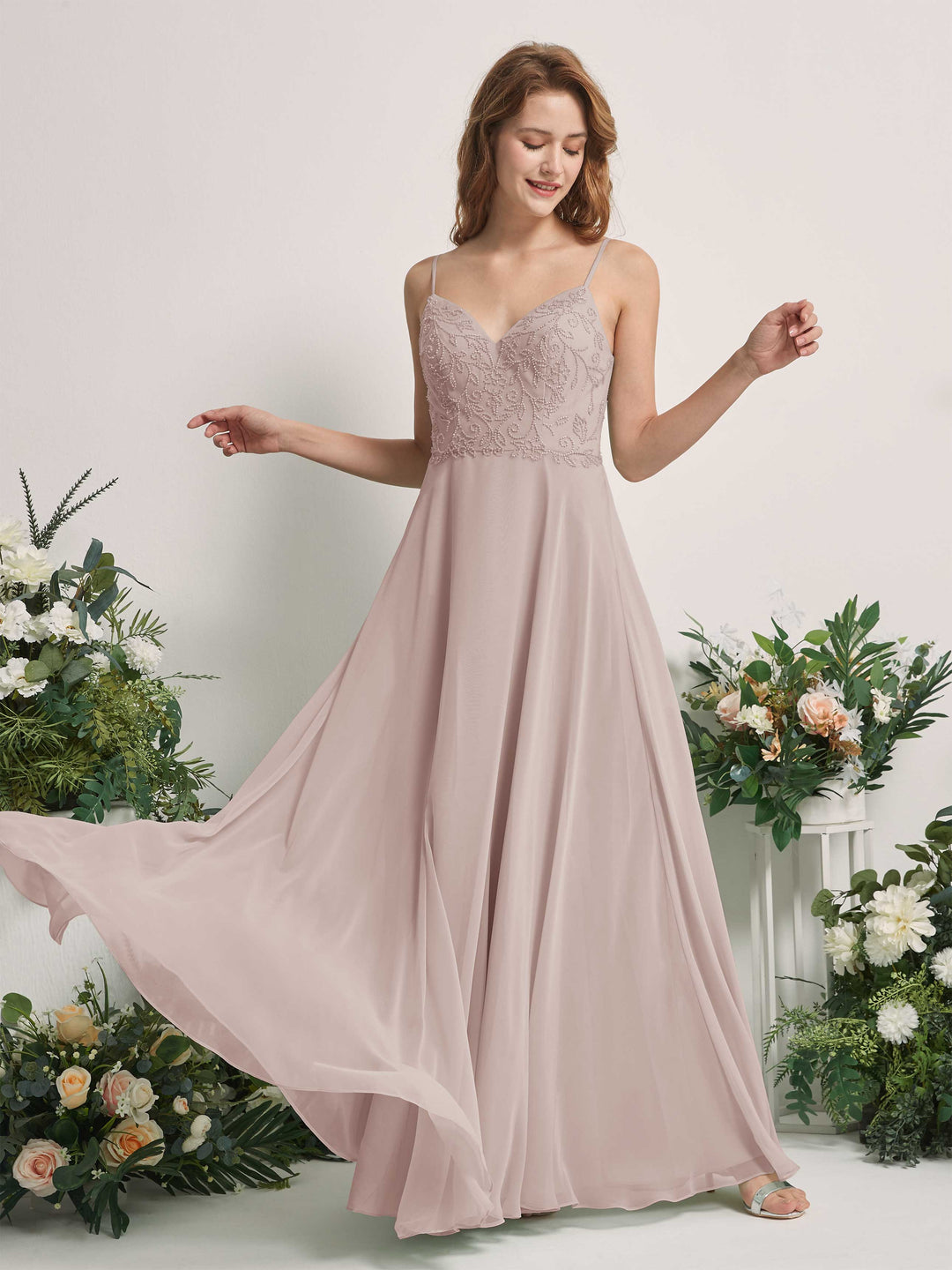 Carlyna A-Linien-Kleid V-Ausschnitt Spaghettiträger Bodenlang Brautjungfernkleider Taupe 