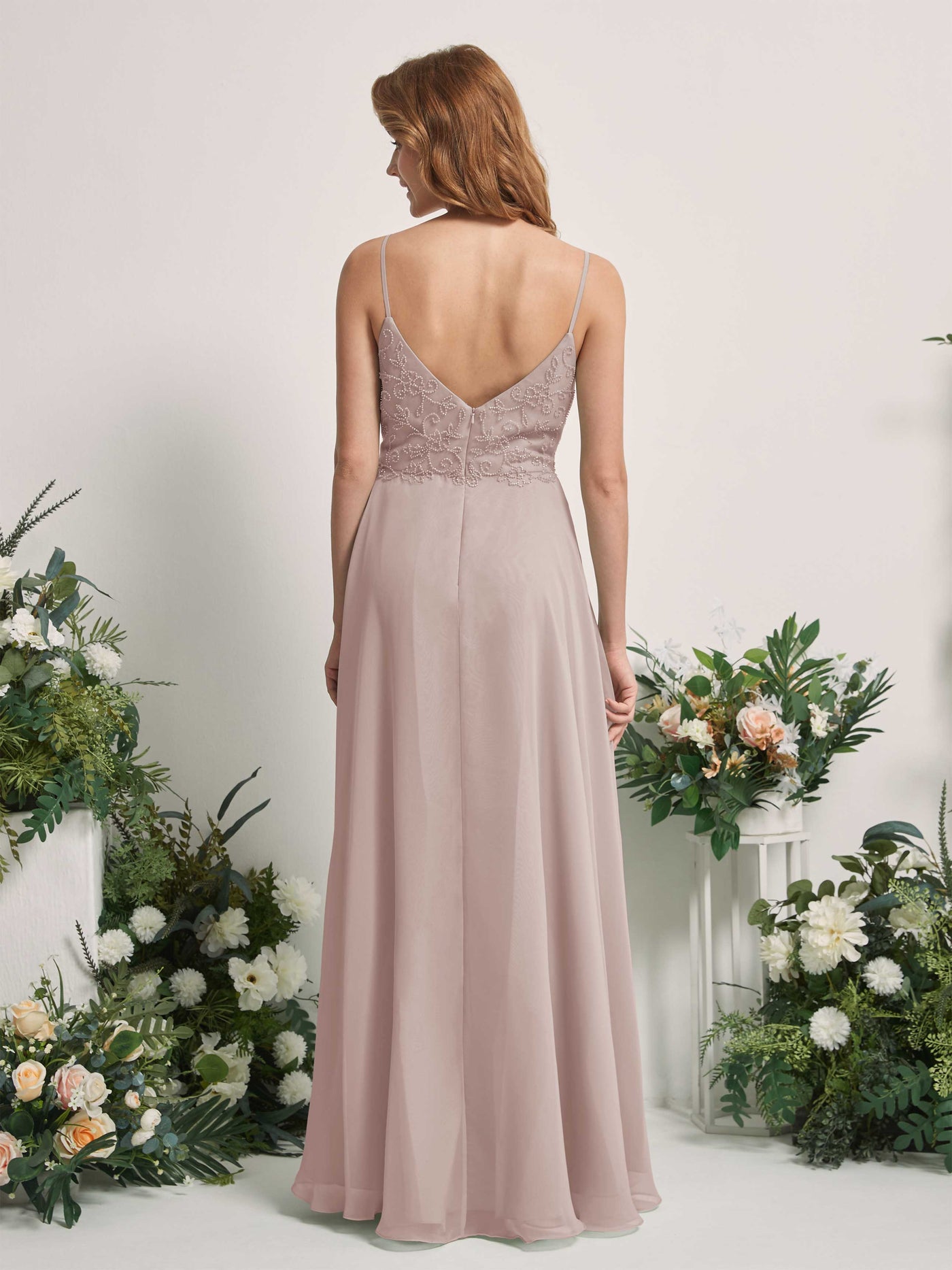 Carlyna A-Linien-Kleid V-Ausschnitt Spaghettiträger Bodenlang Brautjungfernkleider Taupe #farbe_taupe