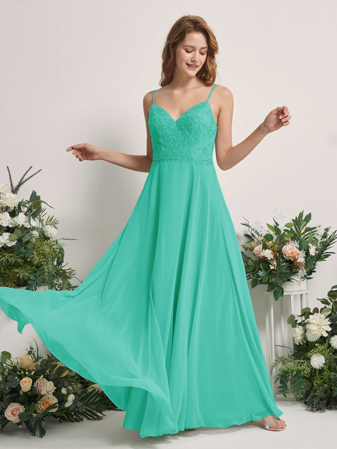 Carlyna A-Linien-Kleid V-Ausschnitt Spaghettiträger Bodenlang Brautjungfernkleider Tiffany-Blau 