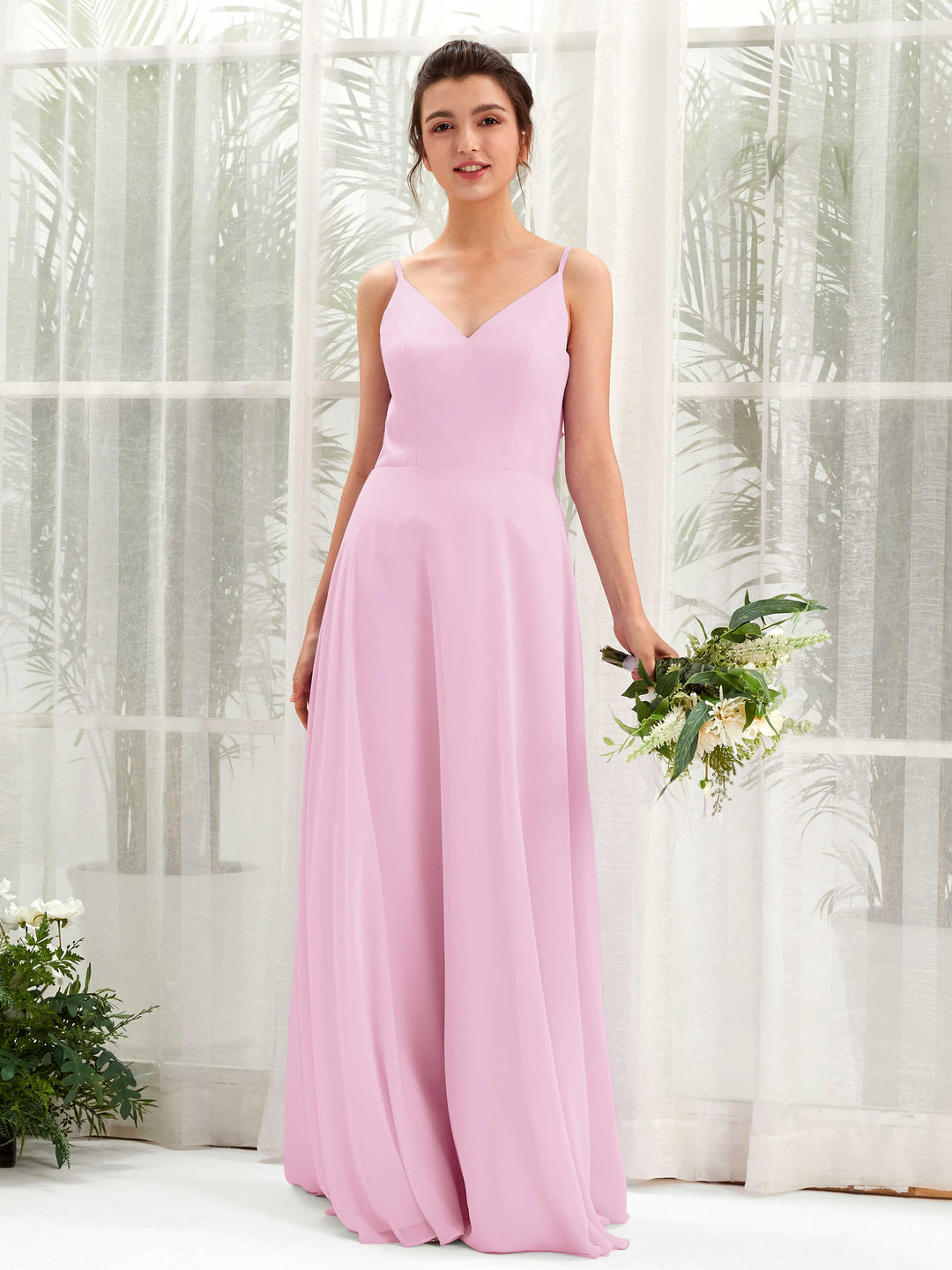 Carlyna A-Linien-Kleid V-Ausschnitt Spaghettiträger Brautjungfernkleid Bonbonrosa 