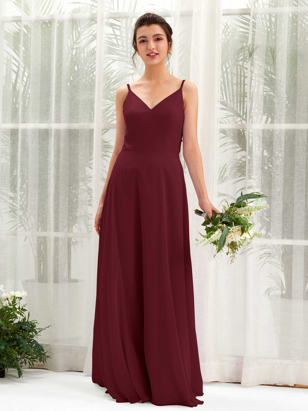 Carlyna A-Linien-Kleid V-Ausschnitt Spaghettiträger Brautjungfernkleid Burgunderrot 