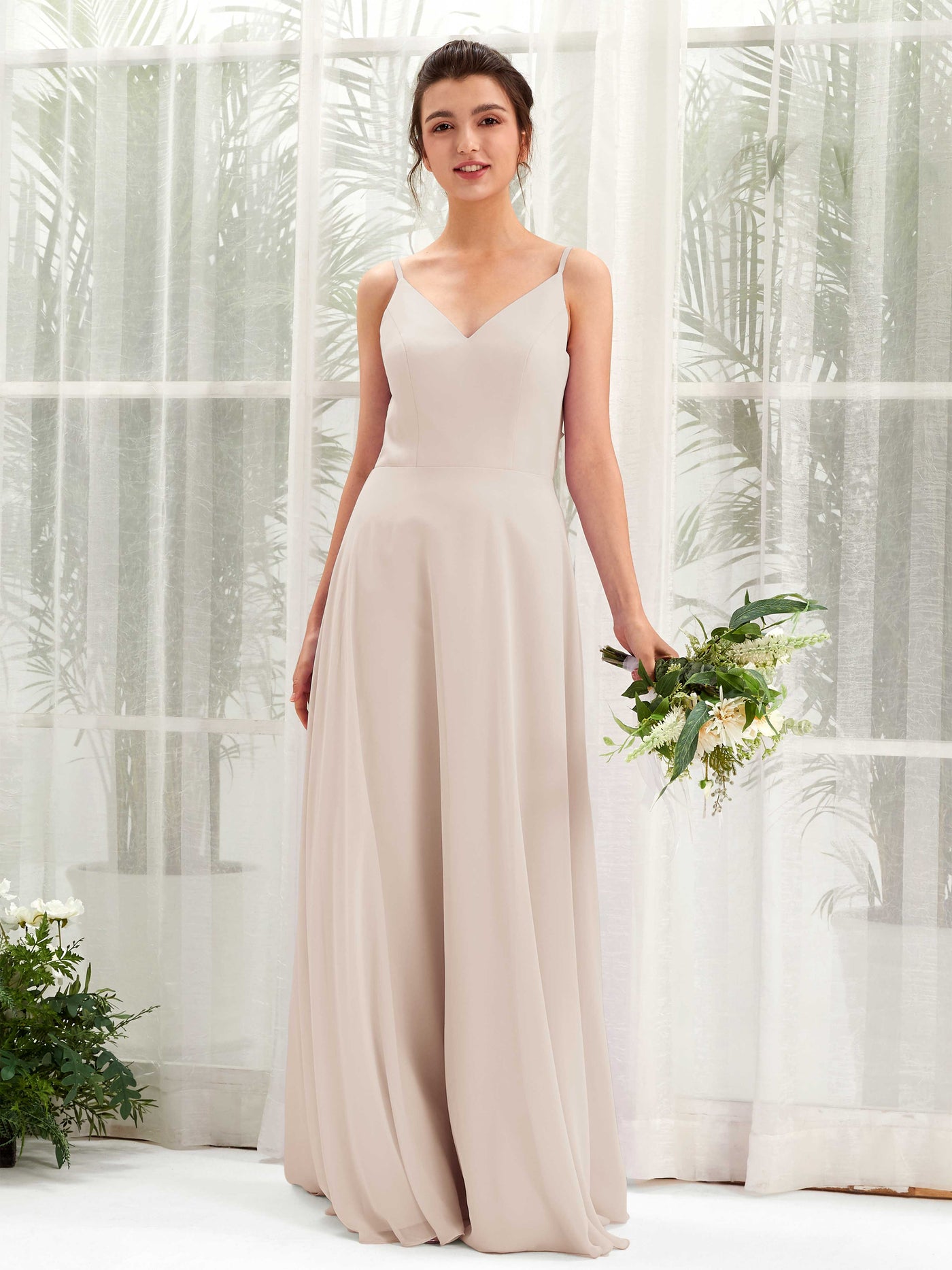 Carlyna A-Linien-Kleid V-Ausschnitt Spaghettiträger Brautjungfernkleid Champagner #farbe_champagner