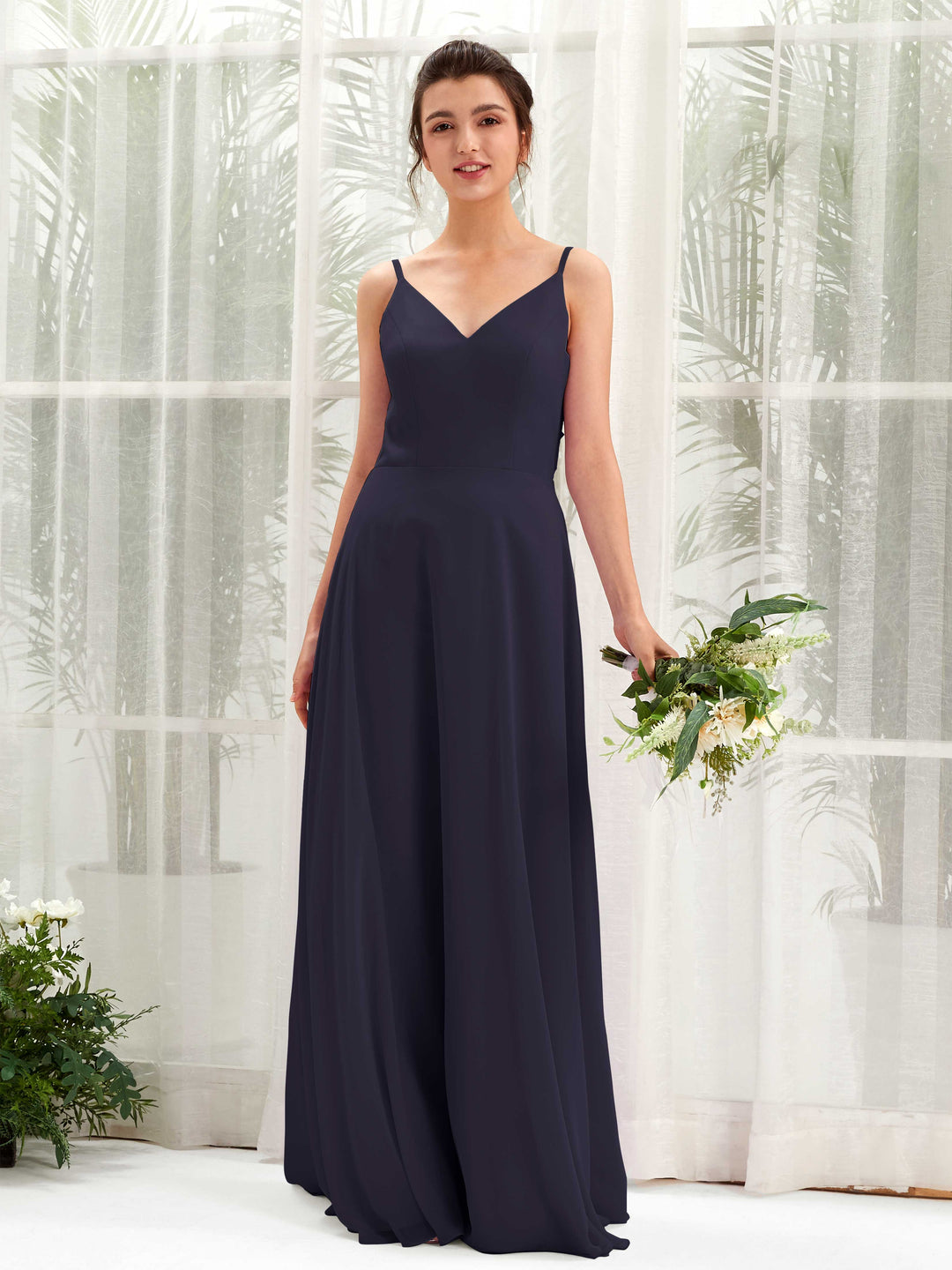Carlyna A-Linien-Kleid V-Ausschnitt Spaghettiträger Brautjungfernkleid Dunkel Marineblau 