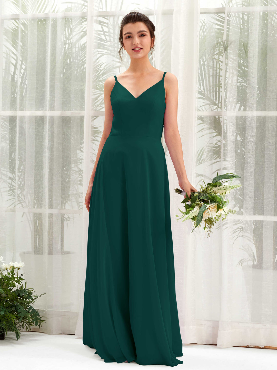 Carlyna A-Linien-Kleid V-Ausschnitt Spaghettiträger Brautjungfernkleid Dunkelsmaragd 
