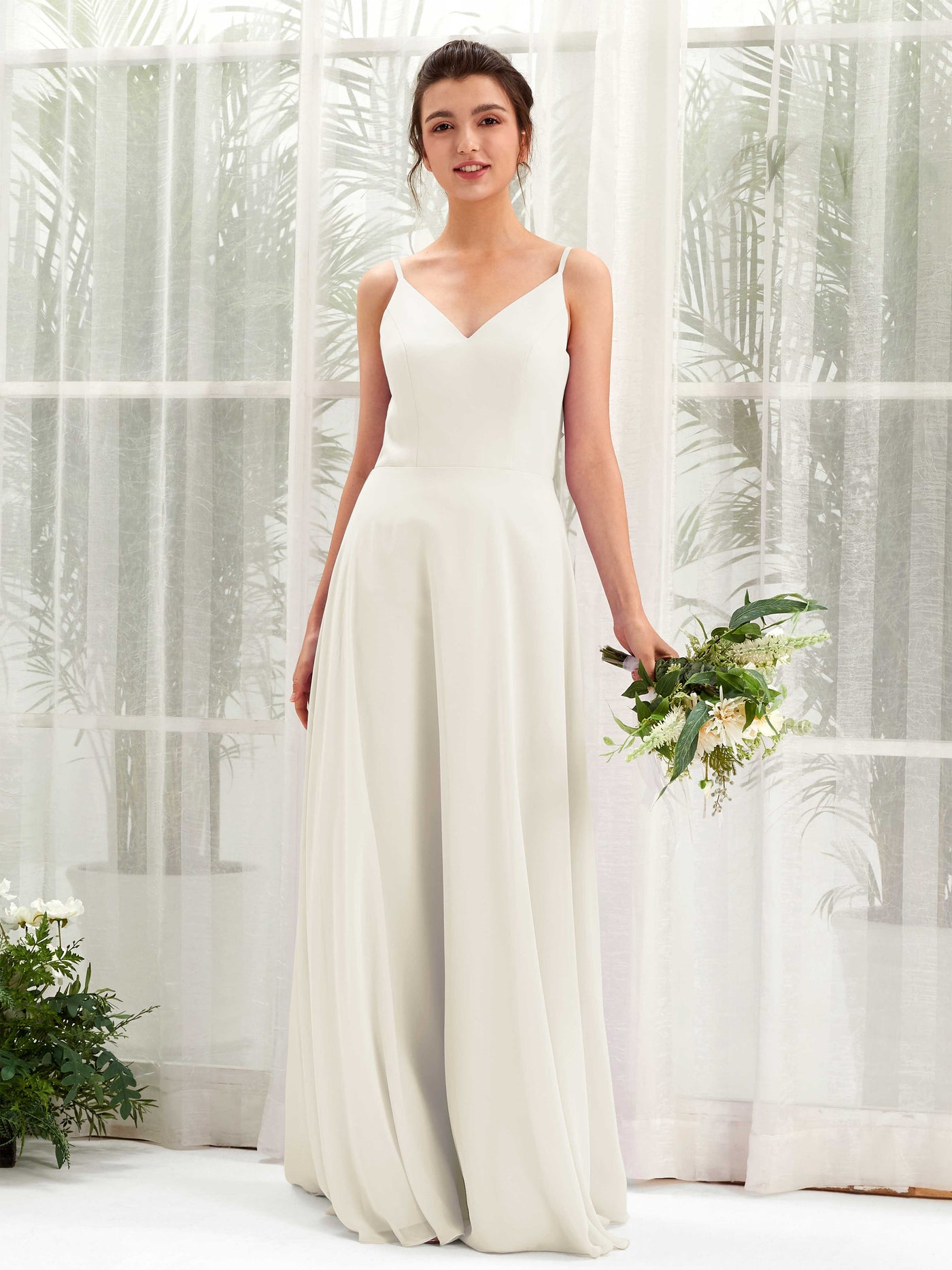 Carlyna A-Linien-Kleid V-Ausschnitt Spaghettiträger Brautjungfernkleid Elfenbein #farbe_elfenbein