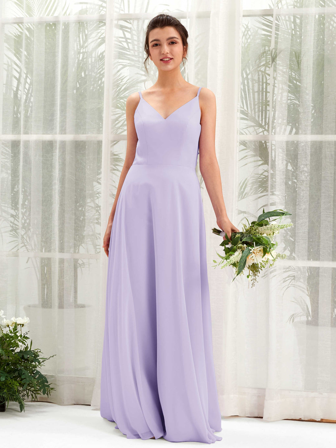 Carlyna A-Linien-Kleid V-Ausschnitt Spaghettiträger Brautjungfernkleid Flieder 