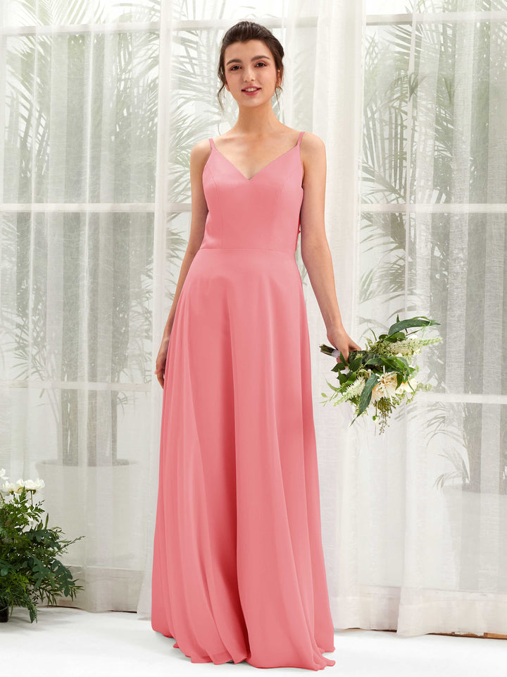 Carlyna A-Linien-Kleid V-Ausschnitt Spaghettiträger Brautjungfernkleid Korallenrosa 