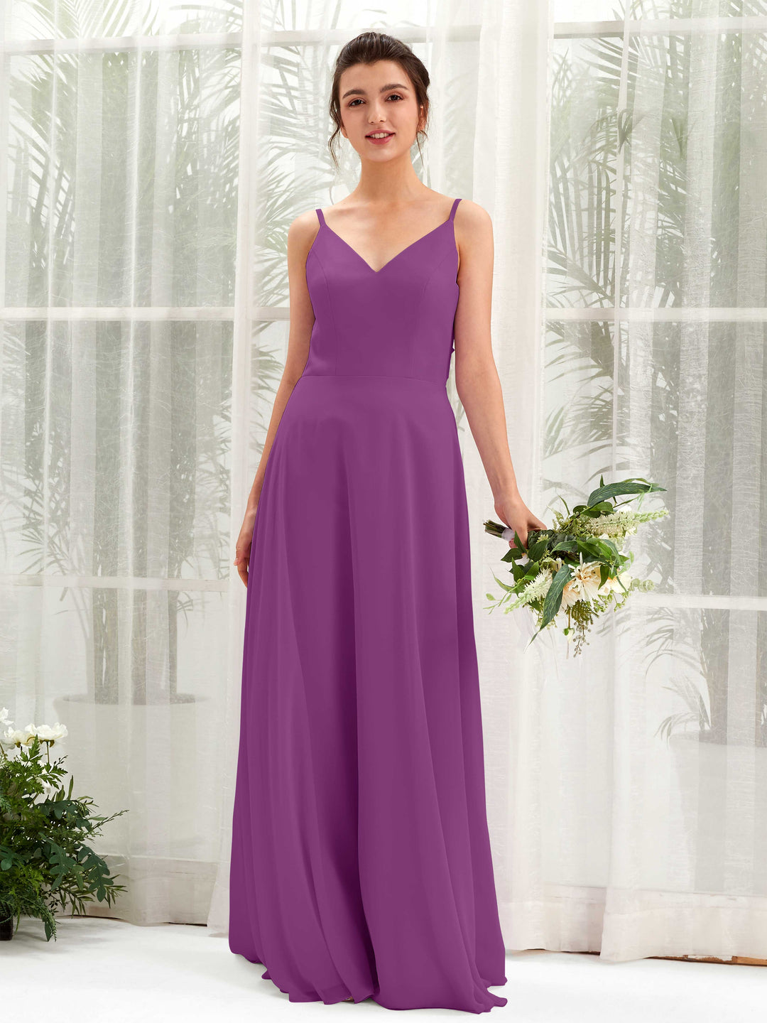Carlyna A-Linien-Kleid V-Ausschnitt Spaghettiträger Brautjungfernkleid Lila 