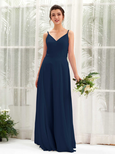 Carlyna A-Linien-Kleid V-Ausschnitt Spaghettiträger Brautjungfernkleid Marineblau #farbe_marineblau