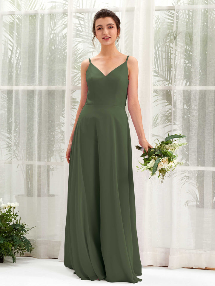 Carlyna A-Linien-Kleid V-Ausschnitt Spaghettiträger Brautjungfernkleid Martini-Olive 