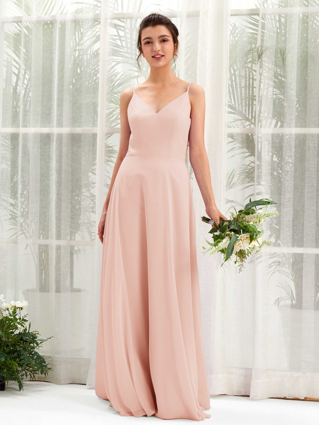 Carlyna A-Linien-Kleid V-Ausschnitt Spaghettiträger Brautjungfernkleid Perlrosa 