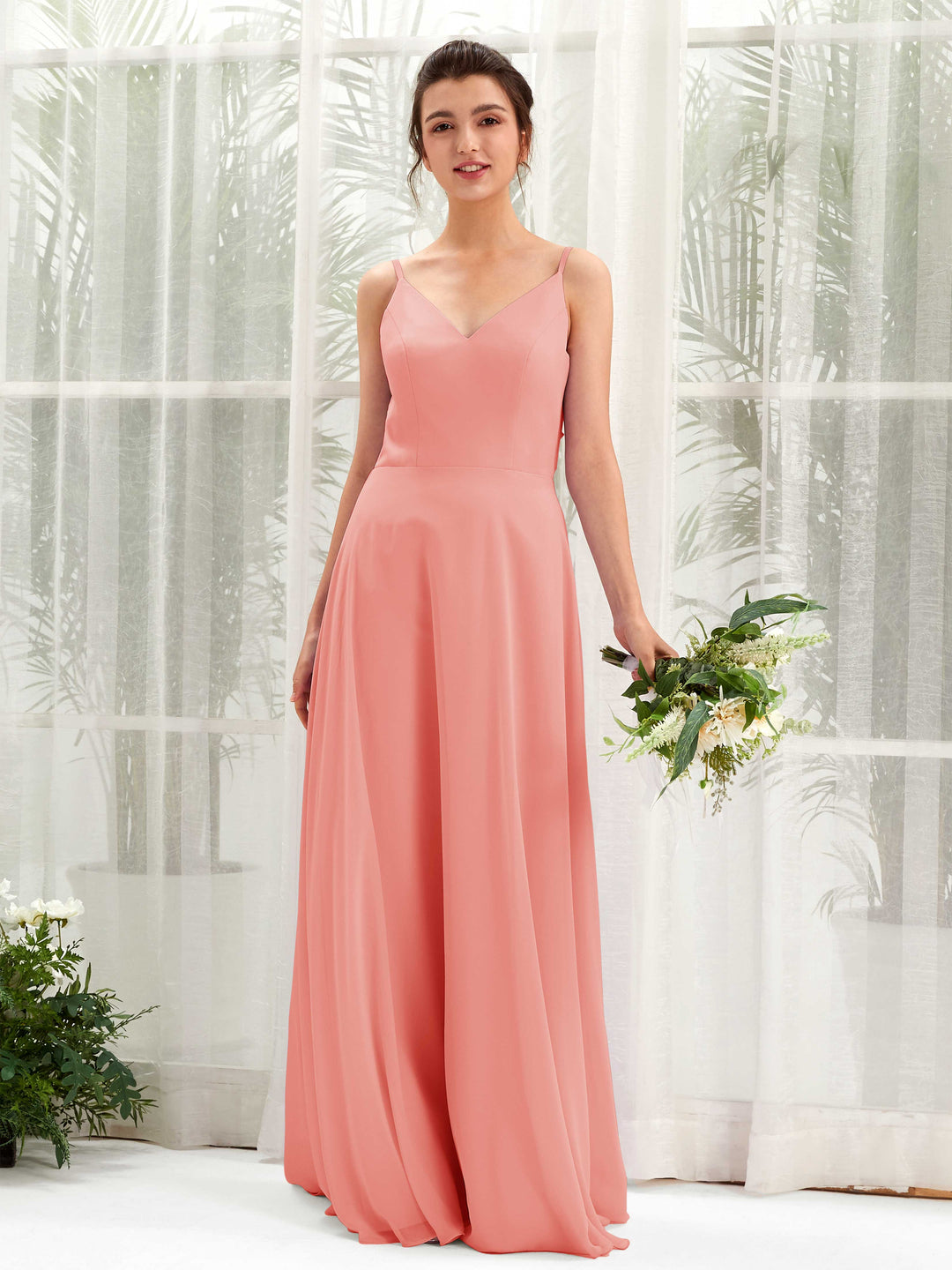 Carlyna A-Linien-Kleid V-Ausschnitt Spaghettiträger Brautjungfernkleid Pfirsichrosa 