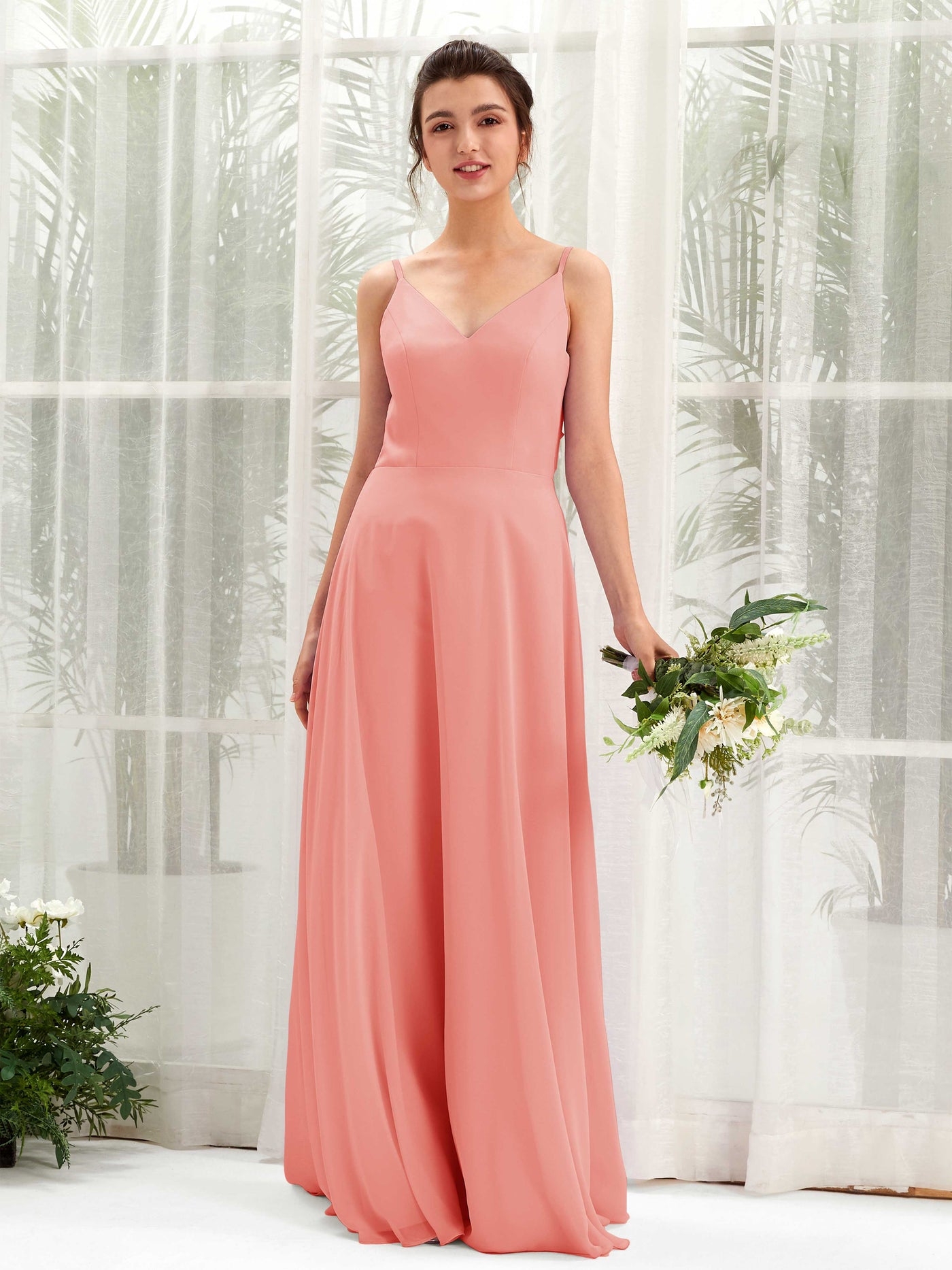 Carlyna A-Linien-Kleid V-Ausschnitt Spaghettiträger Brautjungfernkleid Pfirsichrosa #farbe_pfirsichrosa