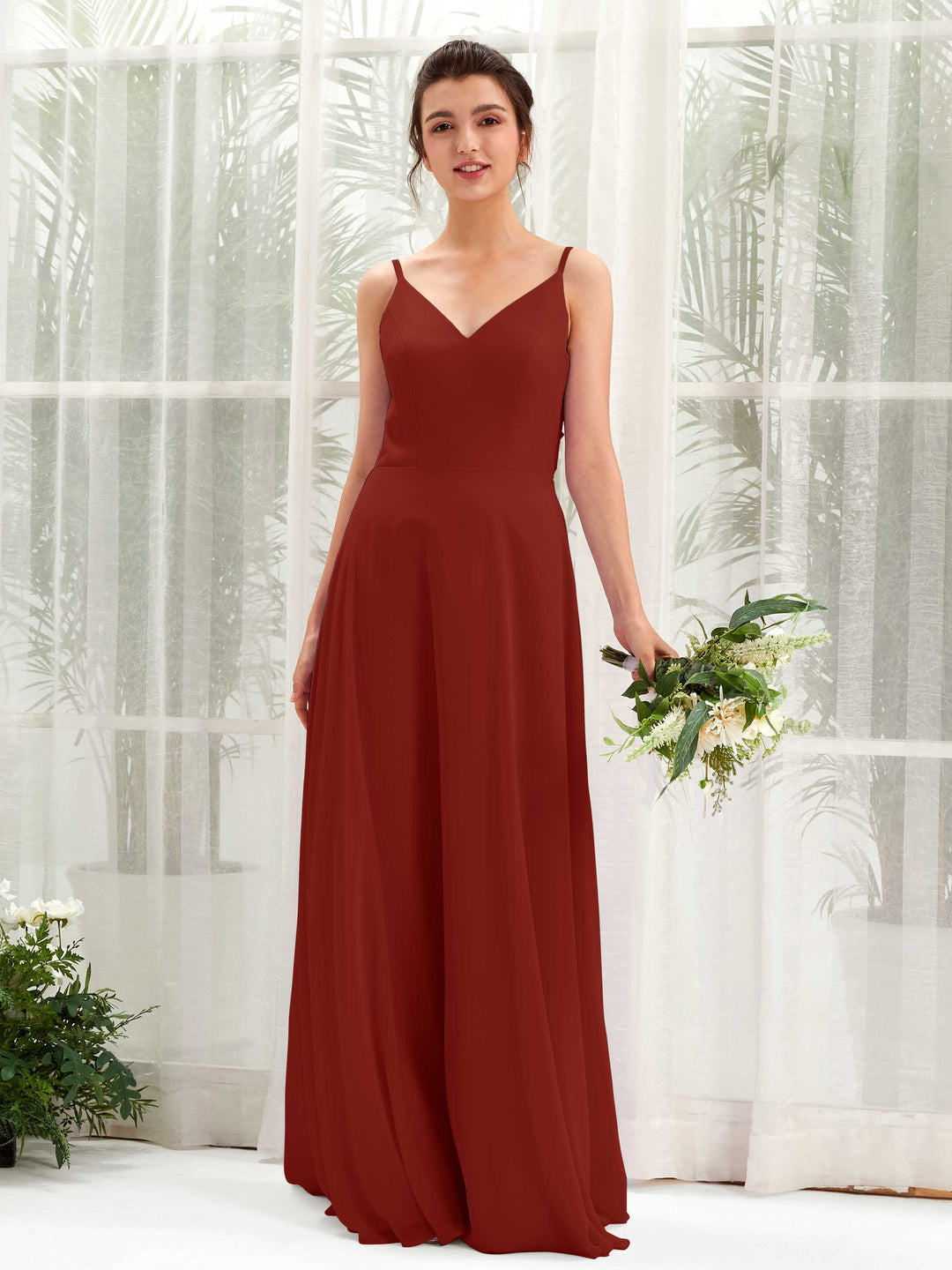 Carlyna A-Linien-Kleid V-Ausschnitt Spaghettiträger Brautjungfernkleid Rostrot 