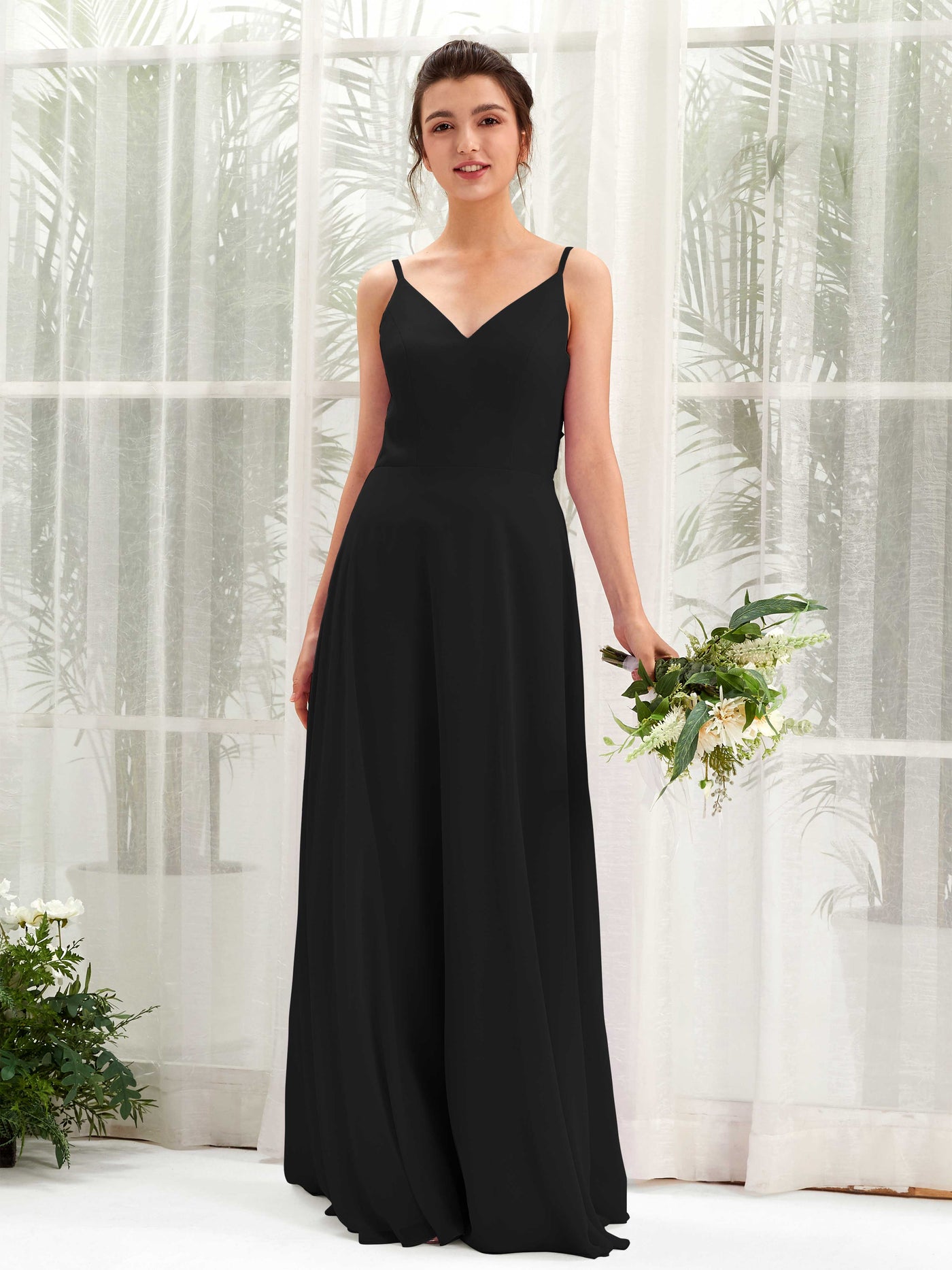 Carlyna A-Linien-Kleid V-Ausschnitt Spaghettiträger Brautjungfernkleid Schwarz #farbe_schwarz