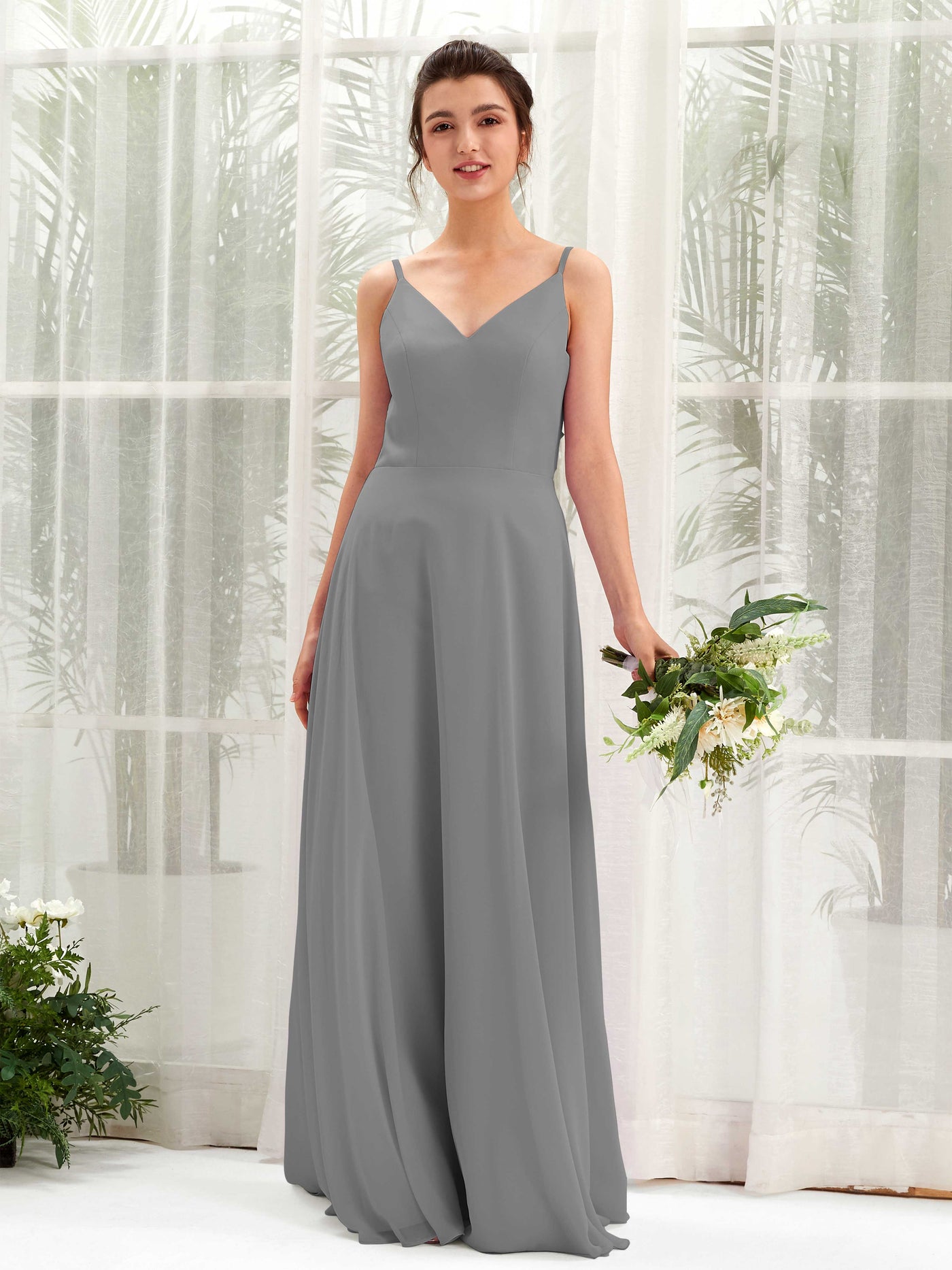 Carlyna A-Linien-Kleid V-Ausschnitt Spaghettiträger Brautjungfernkleid Stahlgrau #farbe_stahlgrau