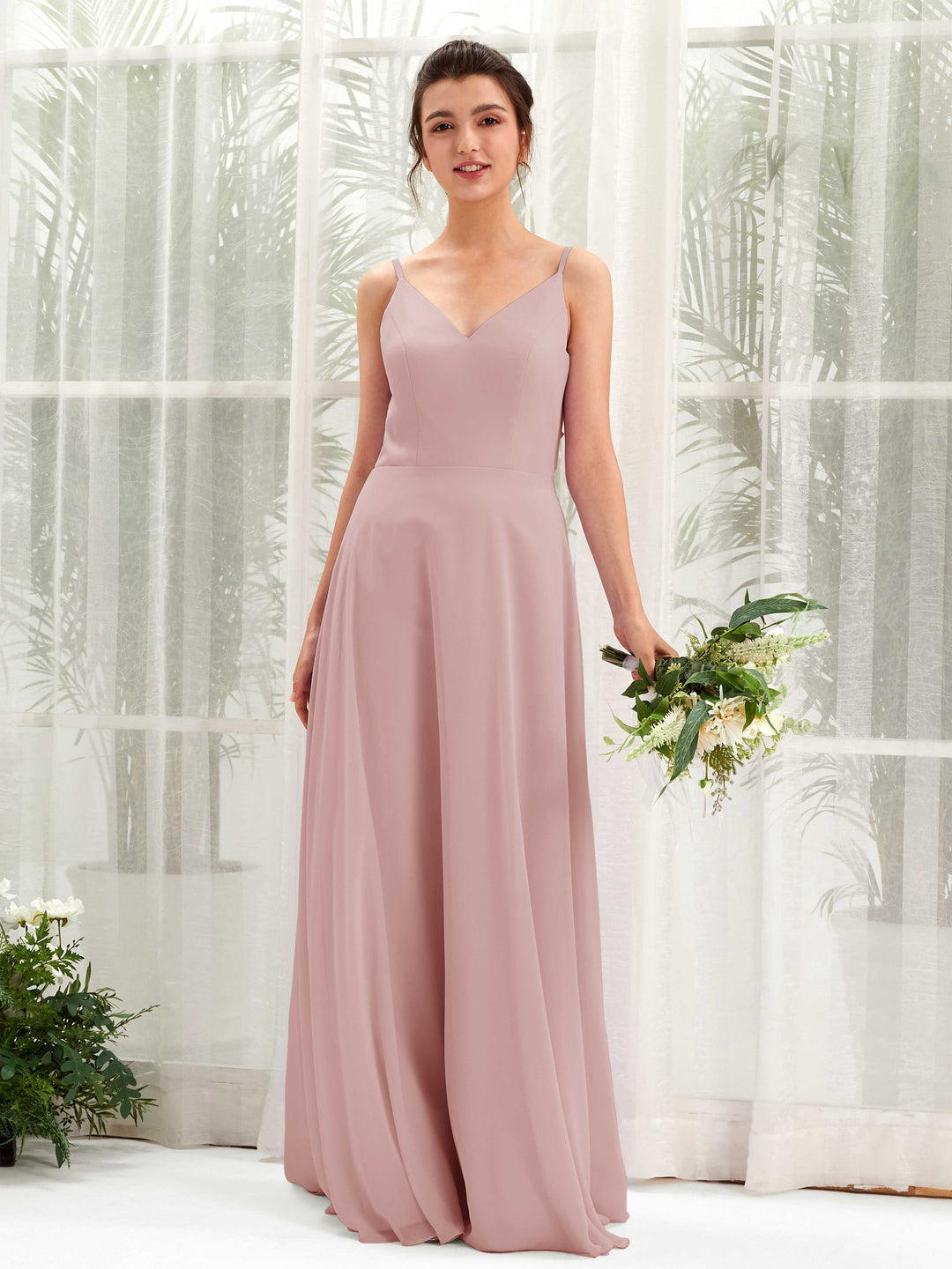 Carlyna A-Linien-Kleid V-Ausschnitt Spaghettiträger Brautjungfernkleid Staubige Rose 