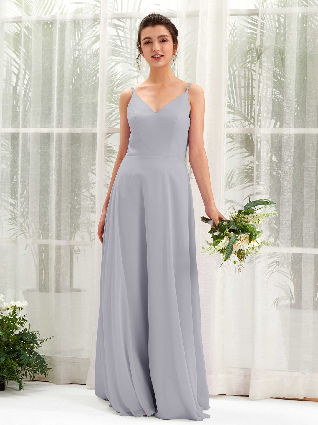 Carlyna A-Linien-Kleid V-Ausschnitt Spaghettiträger Brautjungfernkleid Staubiger Lavendel 