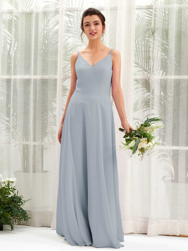 Carlyna A-Linien-Kleid V-Ausschnitt Spaghettiträger Brautjungfernkleid Staubiges Blau-Upgrade 
