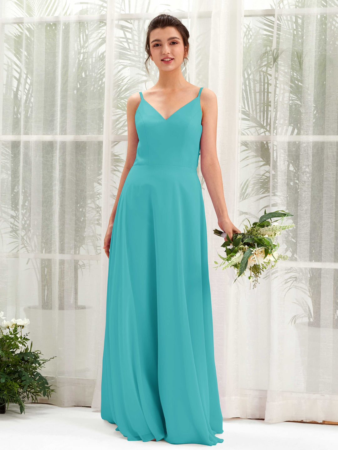 Carlyna A-Linien-Kleid V-Ausschnitt Spaghettiträger Brautjungfernkleid Türkis 