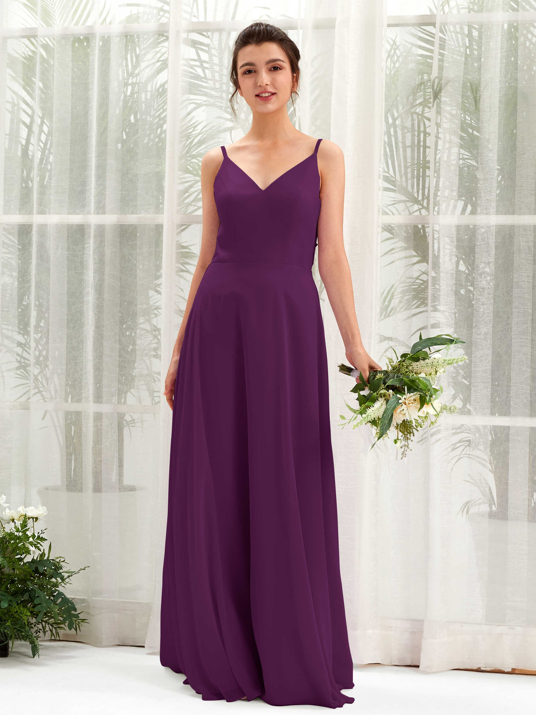 Carlyna A-Linien-Kleid V-Ausschnitt Spaghettiträger Brautjungfernkleid Traube 