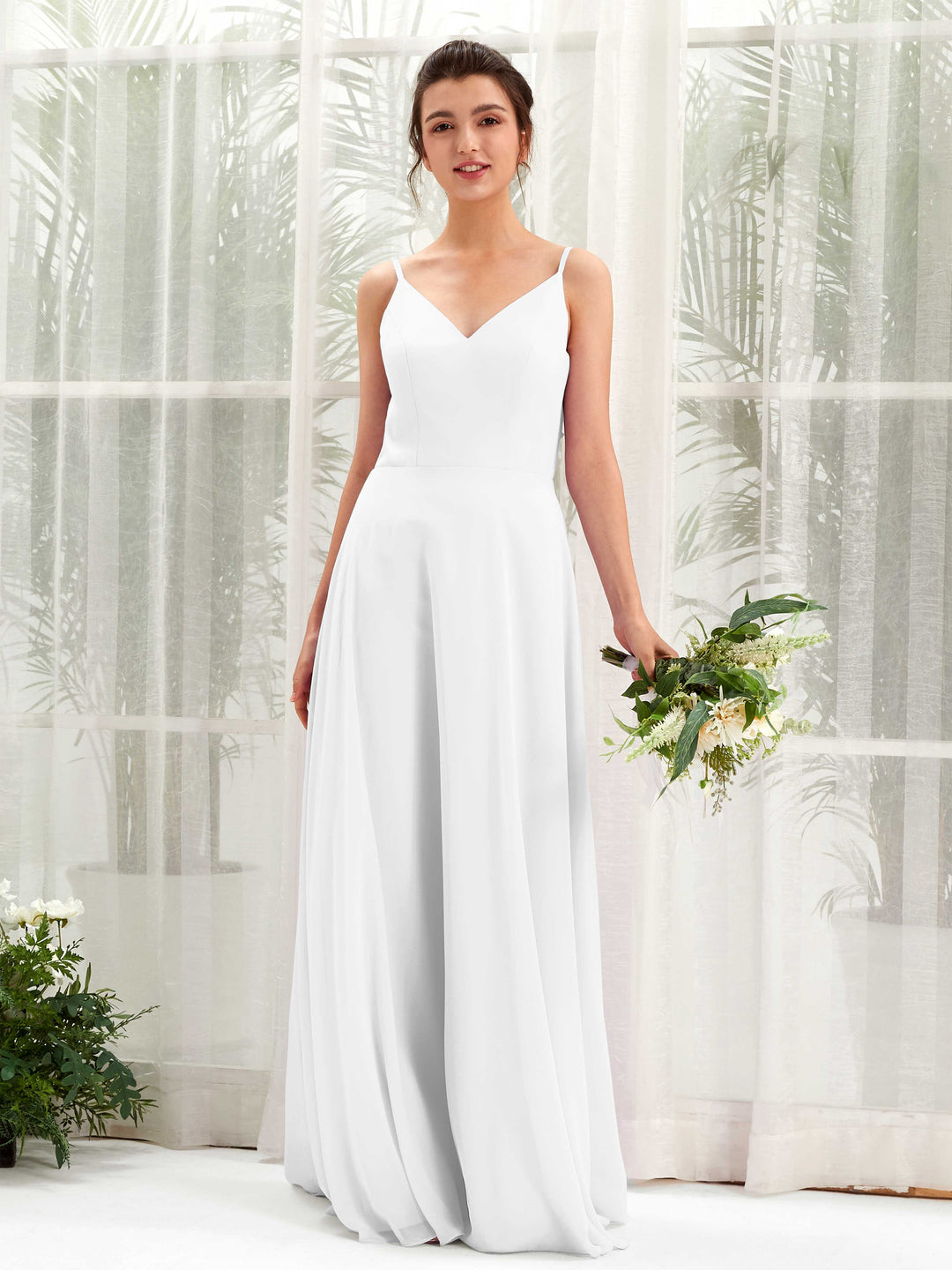 Carlyna A-Linien-Kleid V-Ausschnitt Spaghettiträger Brautjungfernkleid Weiß 