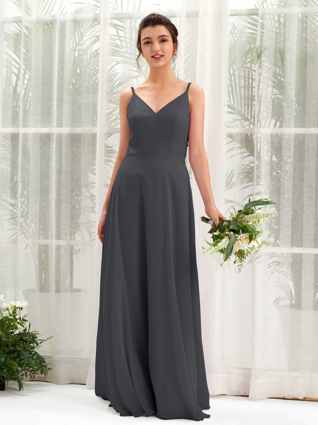 Carlyna A-Linien-Kleid V-Ausschnitt Spaghettiträger Brautjungfernkleid Zinnfarben 