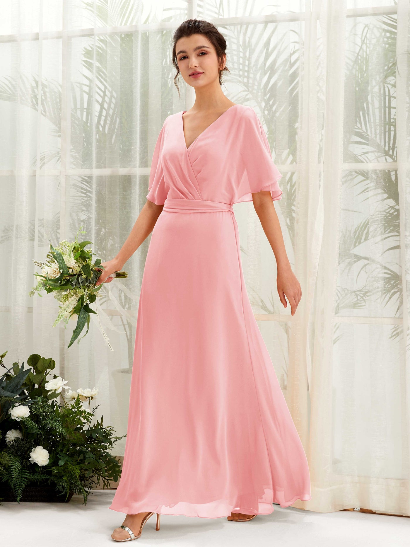 Carlyna A-Linien-Kleid V-Ausschnitt Umhang-Ärmel Bodenlang Brautjungfernkleid Ballettrosa #farbe_ballettrosa