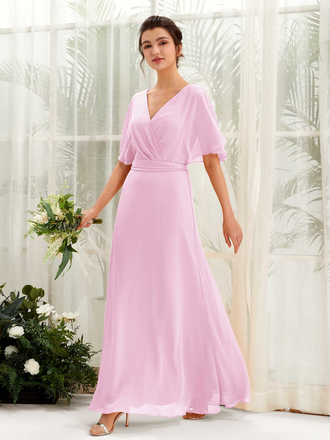 Carlyna A-Linien-Kleid V-Ausschnitt Umhang-Ärmel Bodenlang Brautjungfernkleid Bonbonrosa #farbe_bonbonrosa