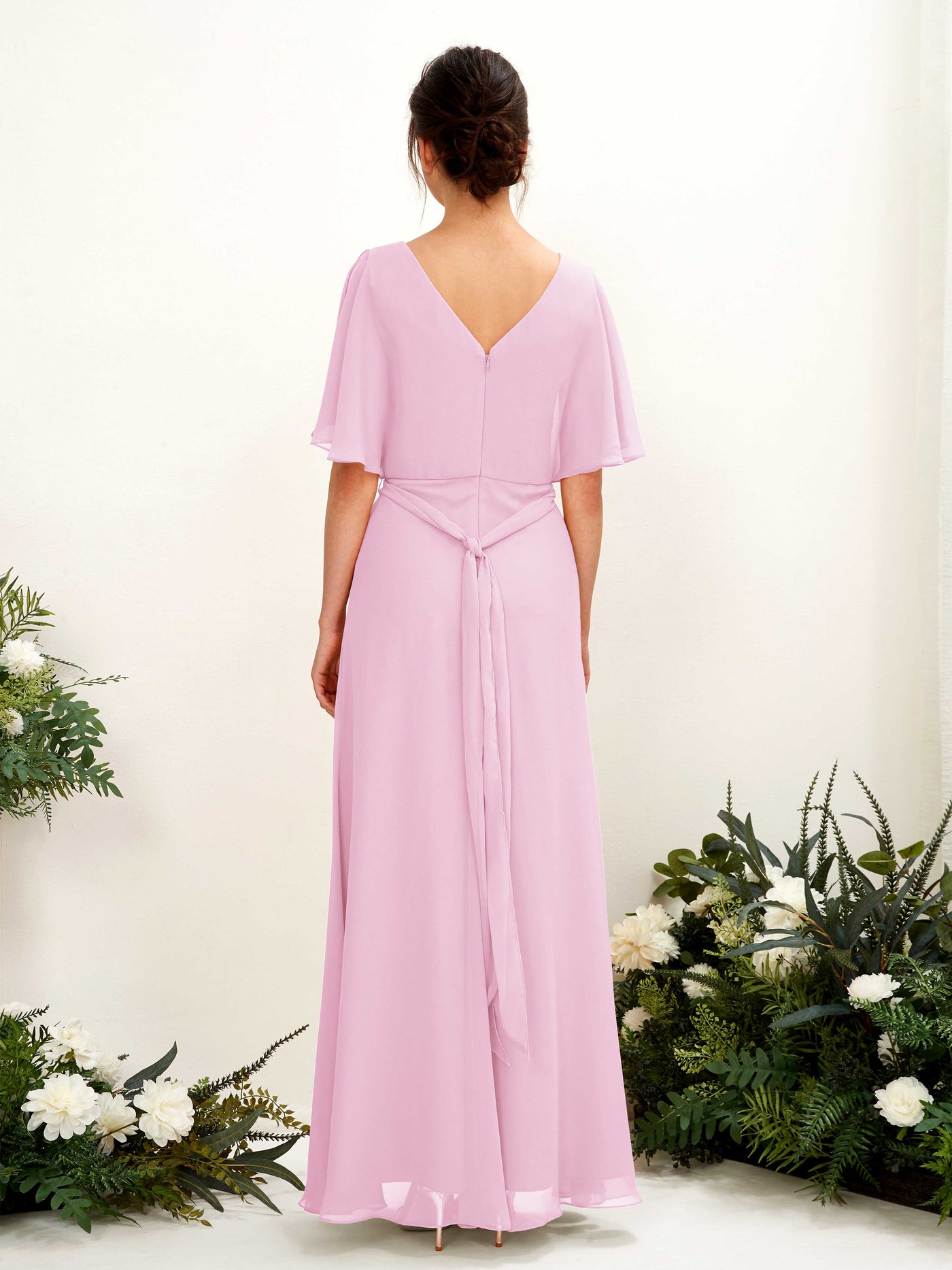 Carlyna A-Linien-Kleid V-Ausschnitt Umhang-Ärmel Bodenlang Brautjungfernkleid Bonbonrosa #farbe_bonbonrosa