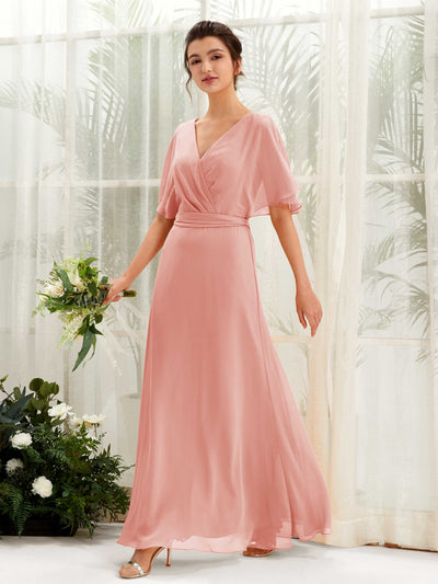 Carlyna A-Linien-Kleid V-Ausschnitt Umhang-Ärmel Bodenlang Brautjungfernkleid Champagner-Rose #farbe_champagner-rose