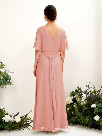 Carlyna A-Linien-Kleid V-Ausschnitt Umhang-Ärmel Bodenlang Brautjungfernkleid Champagner-Rose #farbe_champagner-rose