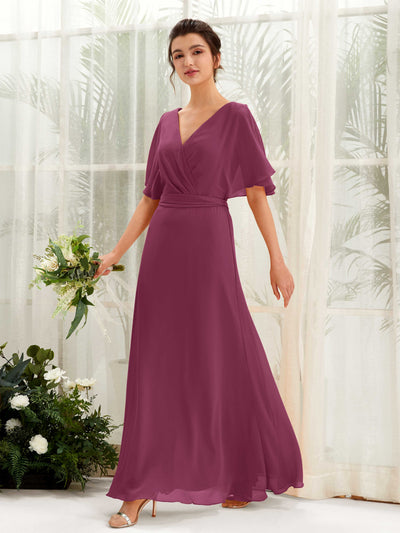 Carlyna A-Linien-Kleid V-Ausschnitt Umhang-Ärmel Bodenlang Brautjungfernkleid Chianti #farbe_chianti
