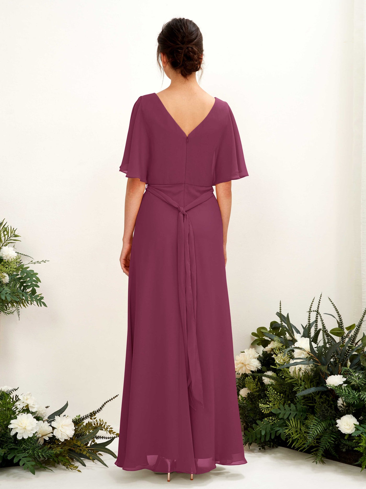 Carlyna A-Linien-Kleid V-Ausschnitt Umhang-Ärmel Bodenlang Brautjungfernkleid Chianti #farbe_chianti