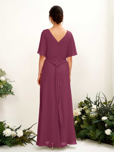 Carlyna A-Linien-Kleid V-Ausschnitt Umhang-Ärmel Bodenlang Brautjungfernkleid Chianti #farbe_chianti